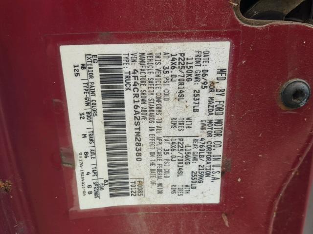 4F4CR16A2STM28380 - 1995 MAZDA B2300 CAB BURGUNDY photo 10