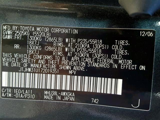 JTJHW31U172019351 - 2007 LEXUS RX 400H GRAY photo 10