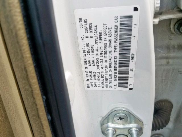 1HGCP36818A080763 - 2008 HONDA ACCORD EXL WHITE photo 10