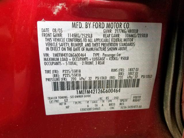 1MEFM42126G600464 - 2006 MERCURY MONTEGO PR RED photo 10