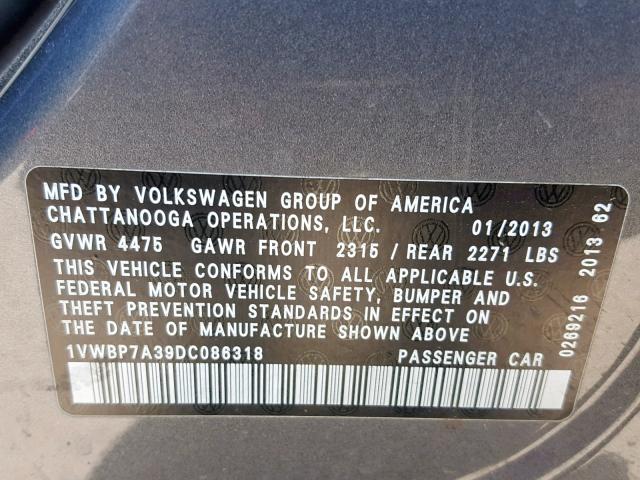 1VWBP7A39DC086318 - 2013 VOLKSWAGEN PASSAT SE GRAY photo 10