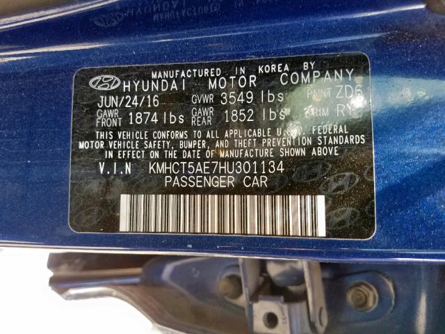 KMHCT5AE7HU301134 - 2017 HYUNDAI ACCENT SE BLUE photo 10