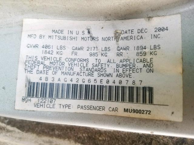 4B3AG42G65E040787 - 2005 DODGE STRATUS SX SILVER photo 10