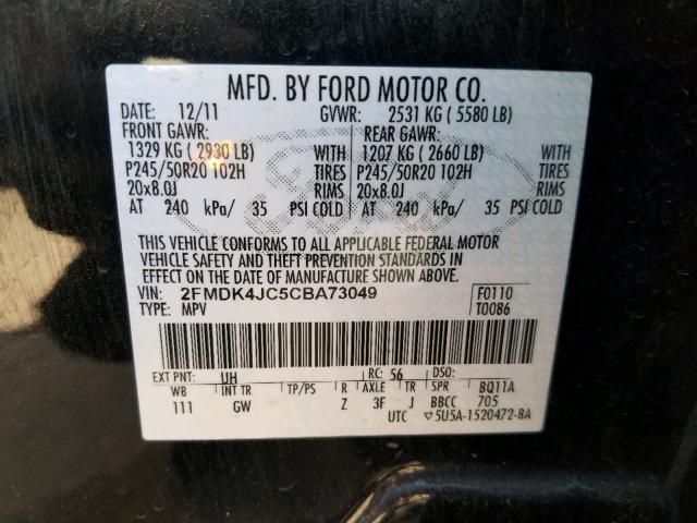 2FMDK4JC5CBA73049 - 2012 FORD EDGE SEL BLACK photo 10