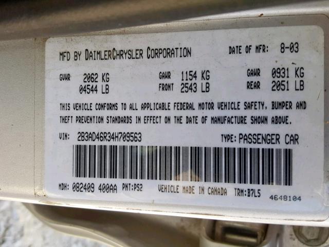 2B3AD46R34H709563 - 2004 DODGE INTREPID S SILVER photo 10