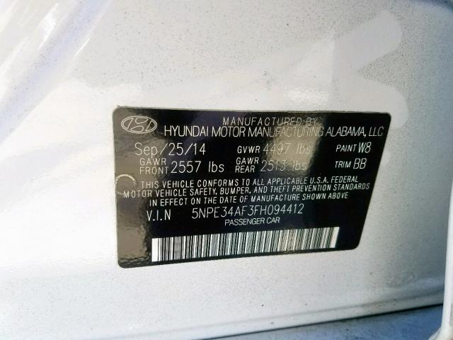 5NPE34AF3FH094412 - 2015 HYUNDAI SONATA SPO WHITE photo 10