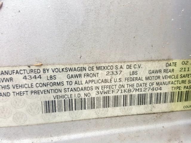 3VWEF71K87M127404 - 2007 VOLKSWAGEN JETTA WOLF GRAY photo 10