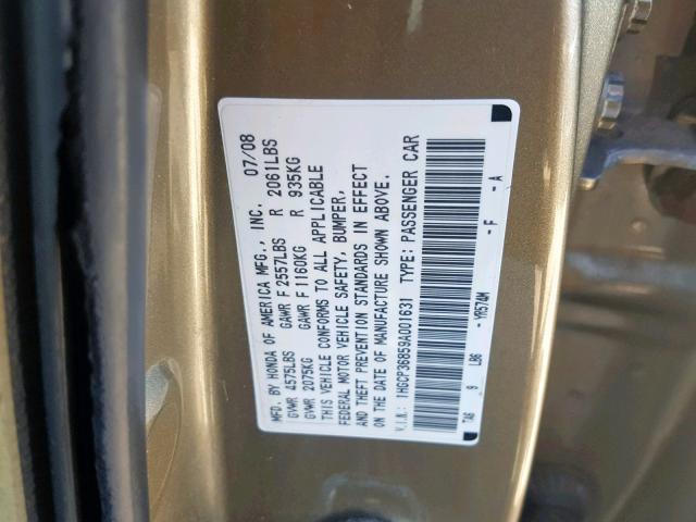 1HGCP36859A001631 - 2009 HONDA ACCORD EXL BEIGE photo 10