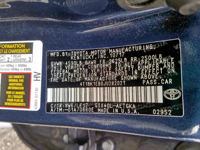 4T1BK1EB0JU282021 - 2018 TOYOTA AVALON XLE BLUE photo 10