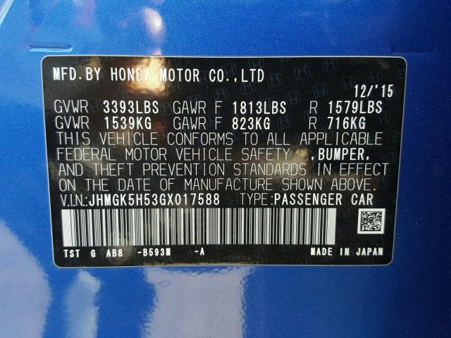 JHMGK5H53GX017588 - 2016 HONDA FIT LX BLUE photo 10