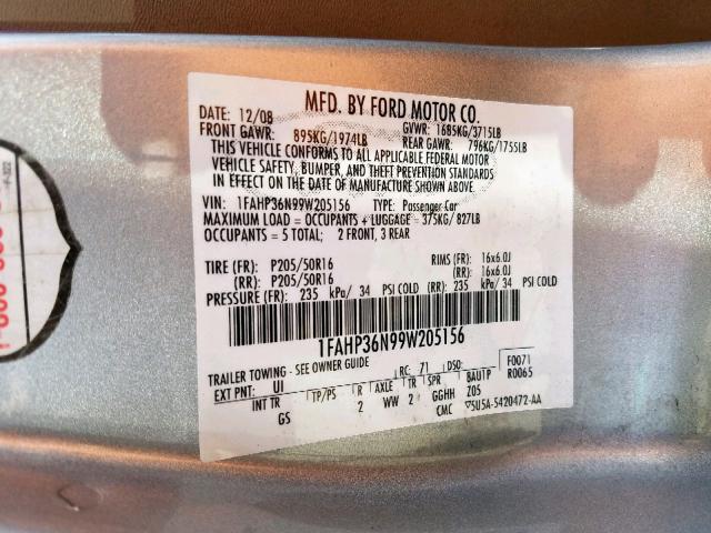 1FAHP36N99W205156 - 2009 FORD FOCUS SES SILVER photo 10