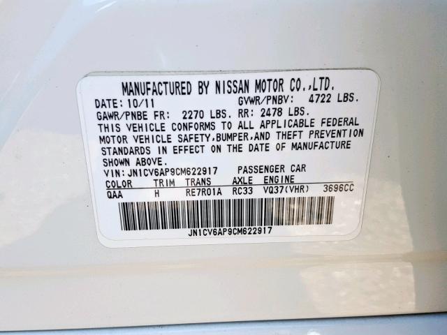 JN1CV6AP9CM622917 - 2012 INFINITI G37 BASE WHITE photo 10