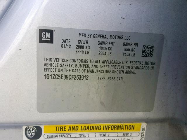 1G1ZC5E09CF263912 - 2012 CHEVROLET MALIBU 1LT 银色 照片 10