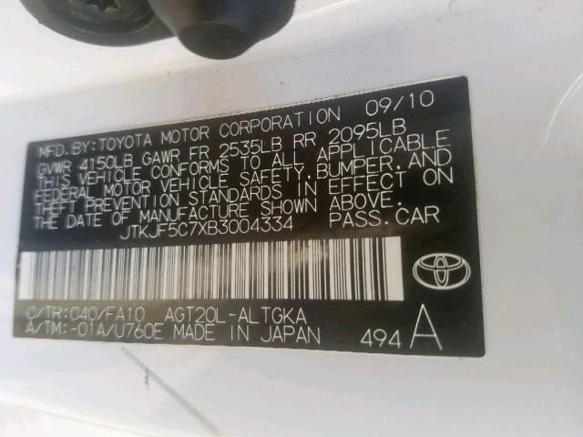 JTKJF5C7XB3004334 - 2011 TOYOTA SCION TC თეთრი ფოტო 10