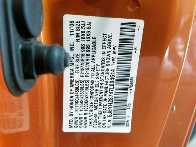 5J6YH28747L004614 - 2007 HONDA ELEMENT EX ORANGE photo 10