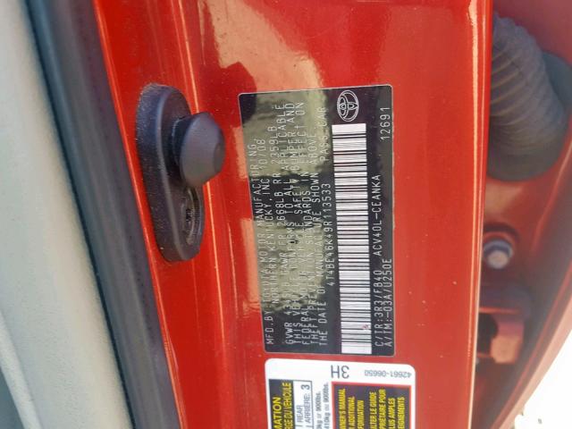 4T4BE46K49R113533 - 2009 TOYOTA CAMRY BASE RED photo 10