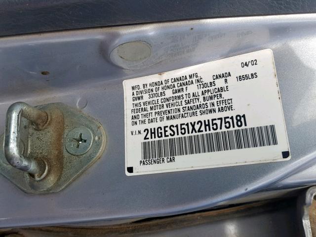 2HGES151X2H575181 - 2002 HONDA CIVIC DX SILVER photo 10