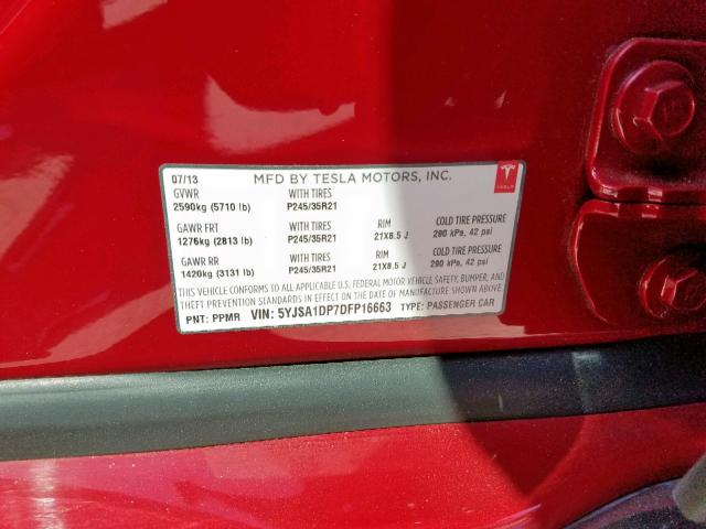 5YJSA1DP7DFP16663 - 2013 TESLA MODEL S RED photo 10