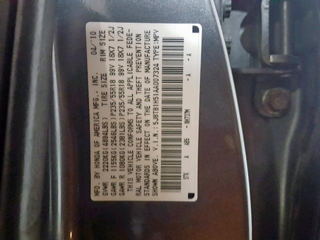 5J8TB1H51AA007324 - 2010 ACURA RDX TECHNO CHARCOAL photo 10