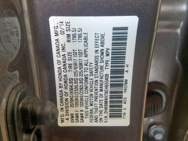 2HKRM4H7XEH655409 - 2014 HONDA CR-V EXL BROWN photo 10