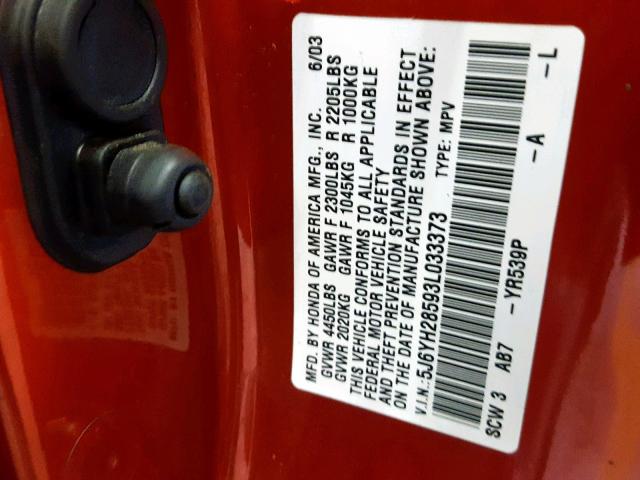 5J6YH28593L033373 - 2003 HONDA ELEMENT EX ORANGE photo 10