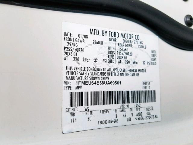 1FMEU64E58UA69561 - 2008 FORD EXPLORER E WHITE photo 10