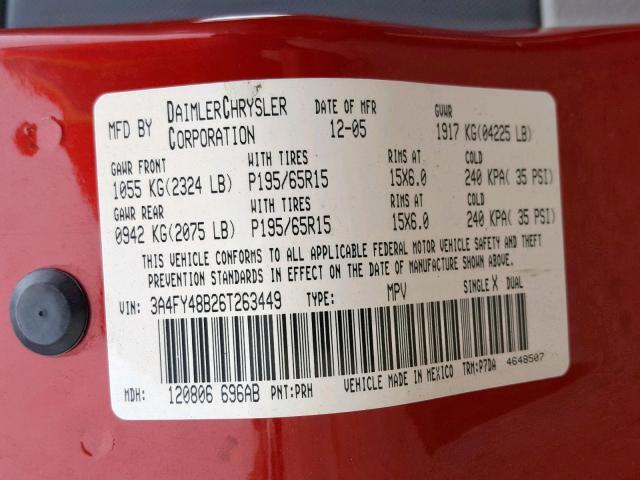 3A4FY48B26T263449 - 2006 CHRYSLER PT CRUISER RED photo 10