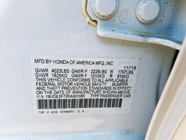 19UDE2F72KA001085 - 2019 ACURA ILX PREMIU WHITE photo 10