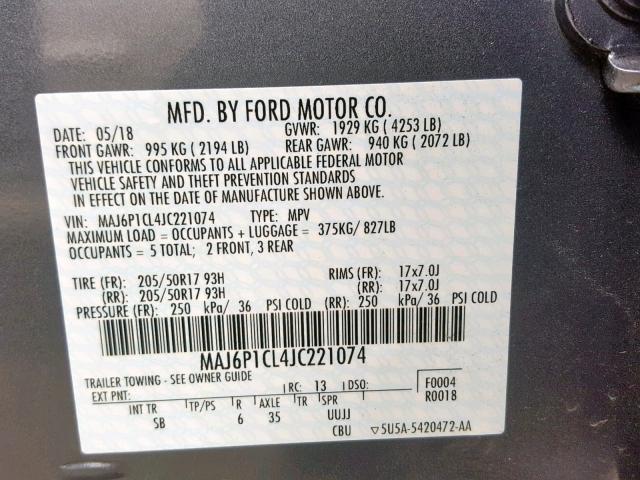 MAJ6P1CL4JC221074 - 2018 FORD ECOSPORT S GRAY photo 10