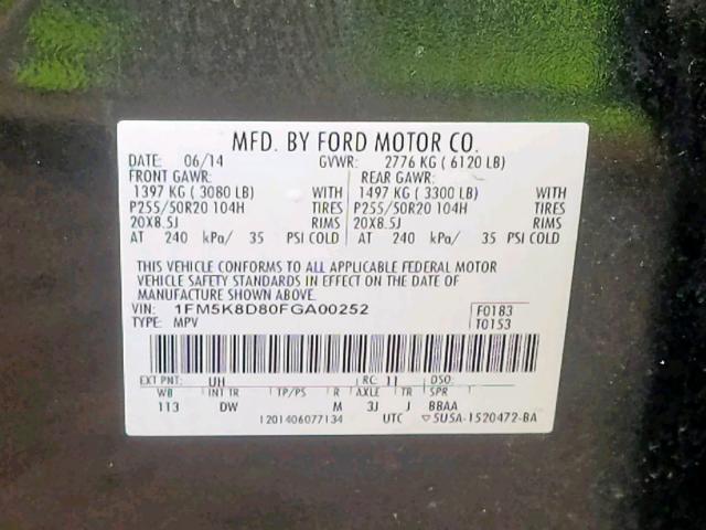 1FM5K8D80FGA00252 - 2015 FORD EXPLORER X BLACK photo 10