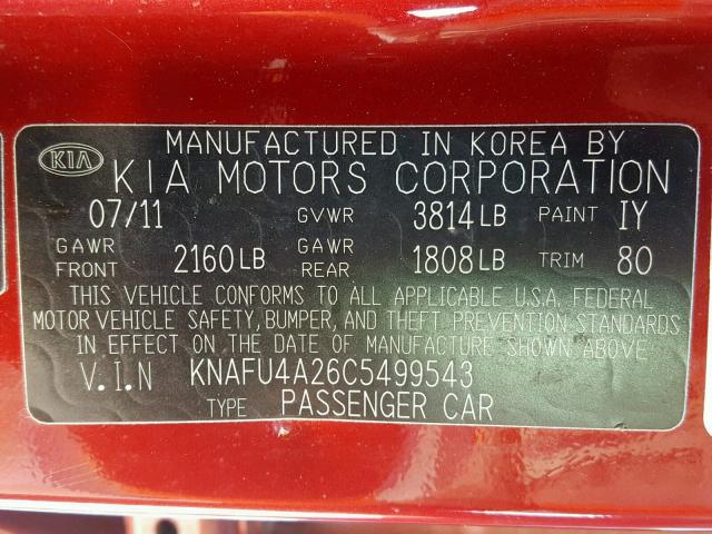 KNAFU4A26C5499543 - 2012 KIA FORTE EX BURGUNDY photo 10