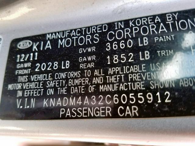 KNADM4A32C6055912 - 2012 KIA RIO LX SILVER photo 10