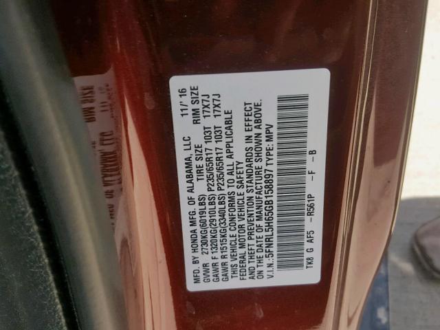 5FNRL5H65GB158897 - 2016 HONDA ODYSSEY EX MAROON photo 10