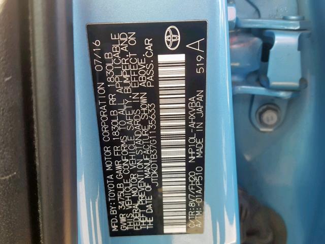 JTDKDTB37G1135633 - 2016 TOYOTA PRIUS C BLUE photo 10