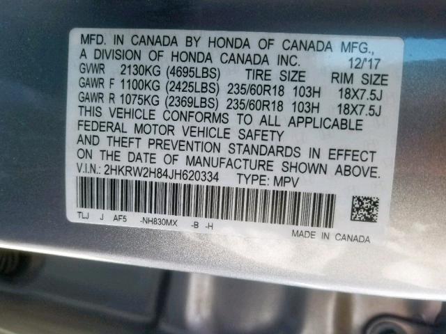 2HKRW2H84JH620334 - 2018 HONDA CR-V EXL SILVER photo 10