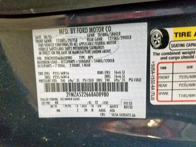 2FMZA52266BA08980 - 2006 FORD FREESTAR S BLUE photo 10