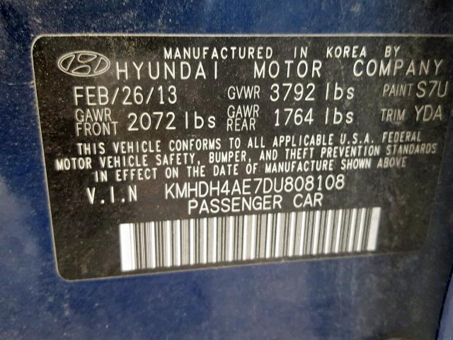 KMHDH4AE7DU808108 - 2013 HYUNDAI ELANTRA GL BLUE photo 10