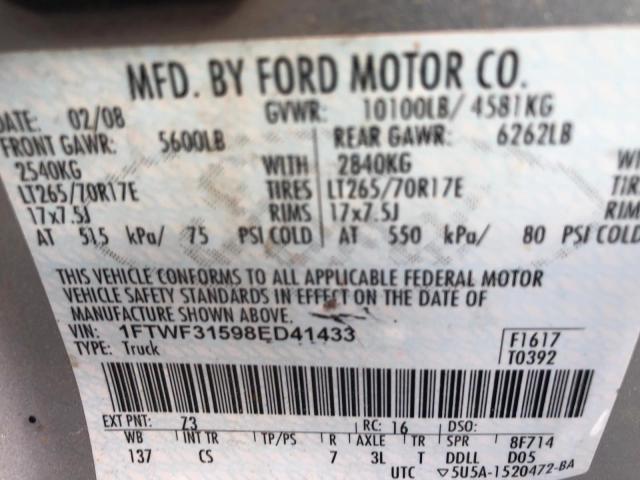 1FTWF31598ED41433 - 2008 FORD F350 SRW S GRAY photo 10