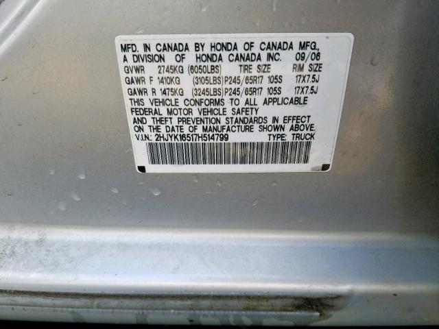 2HJYK16517H514799 - 2007 HONDA RIDGELINE SILVER photo 10