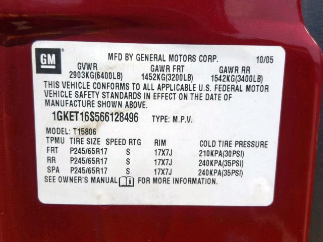 1GKET16S566128496 - 2006 GMC ENVOY XL MAROON photo 10