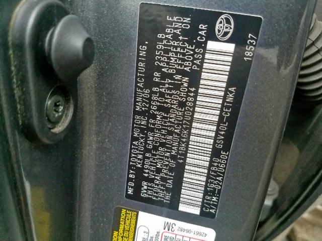 4T1BK46K17U028844 - 2007 TOYOTA CAMRY NEW GRAY photo 10