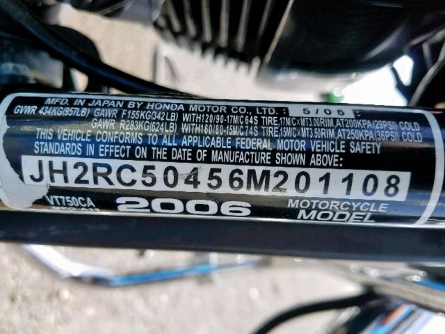 JH2RC50456M201108 - 2006 HONDA VT750 CA BLACK photo 10