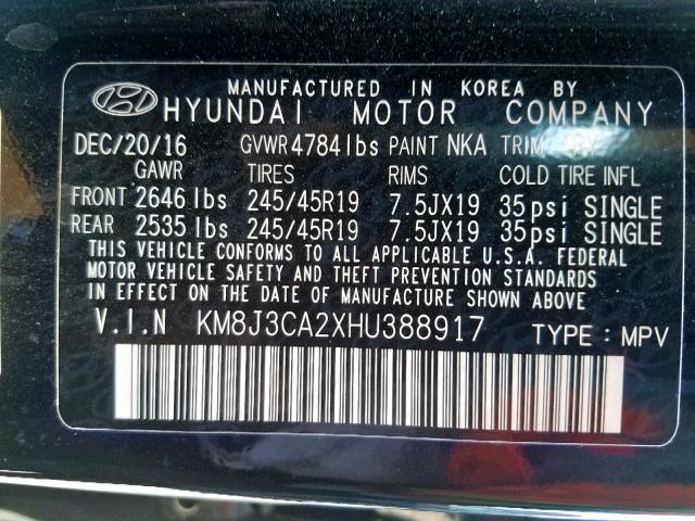 KM8J3CA2XHU388917 - 2017 HYUNDAI TUCSON LIM BLACK photo 10