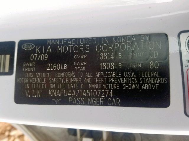 KNAFU4A21A5107274 - 2010 KIA FORTE EX WHITE photo 10