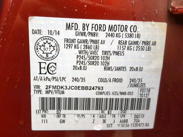 2FMDK3JC0EBB24793 - 2014 FORD EDGE SEL MAROON photo 10