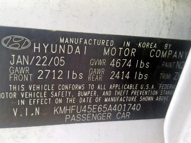 KMHFU45E65A401740 - 2005 HYUNDAI XG 350 WHITE photo 10