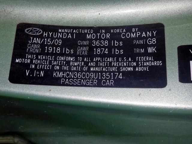 KMHCN36C09U135174 - 2009 HYUNDAI ACCENT SE GREEN photo 10