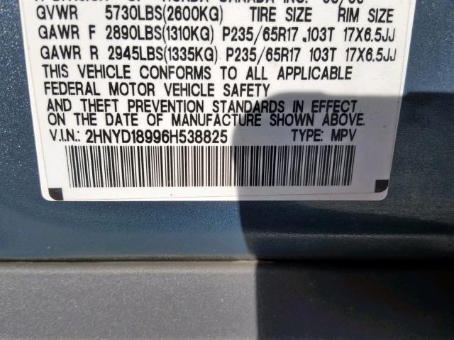 2HNYD18996H538825 - 2006 ACURA MDX TOURIN BLUE photo 10