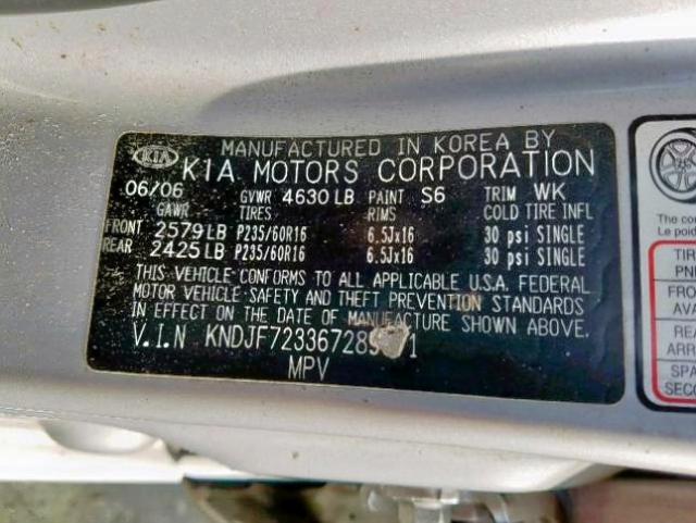 KNDJF723367289071 - 2006 KIA NEW SPORTA SILVER photo 10