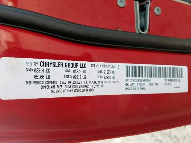 2C3CDXBG0CH301604 - 2012 DODGE CHARGER SE RED photo 10